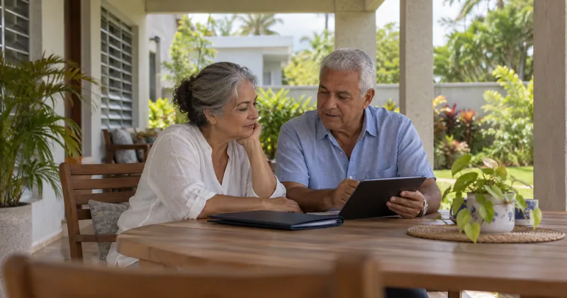 Pareja adulta revisando una tablet para planificar su retiro.