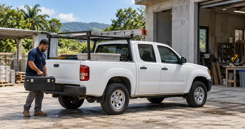 Pickup de trabajo con herramientas junto a un taller y un técnico.