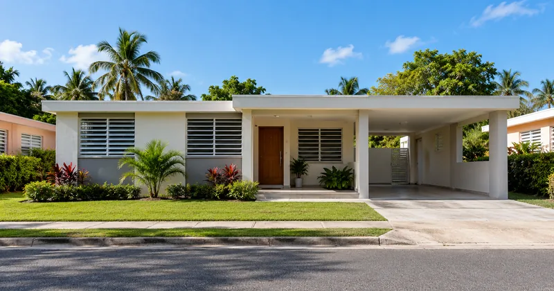 Residencia de concreto con marquesina y jardín tropical.