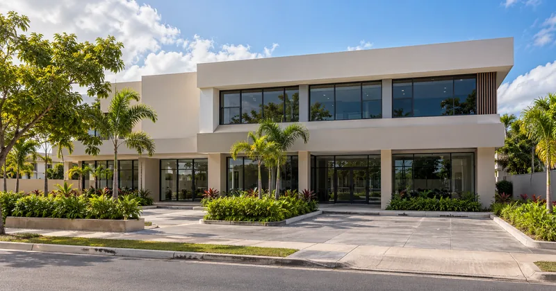 Edificio comercial de dos plantas con locales y jardines.