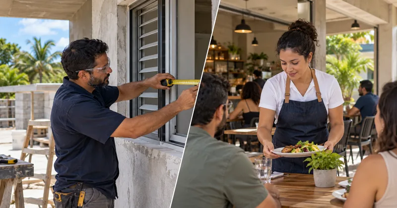 Contratista trabajando y empleada atendiendo un café, en dos escenas separadas por una diagonal.